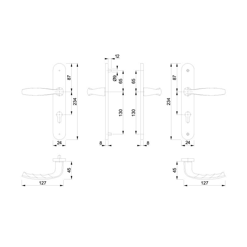Garniture new york saillie réduite sur plaques de 24mm - Entraxe fixations (mm) : 195 - Entraxe (mm) : 92 - Carré (mm) 1