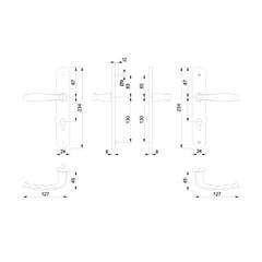 Garniture new york saillie réduite sur plaques de 24mm - Entraxe fixations (mm) : 195 - Entraxe (mm) : 92 - Carré (mm) 1