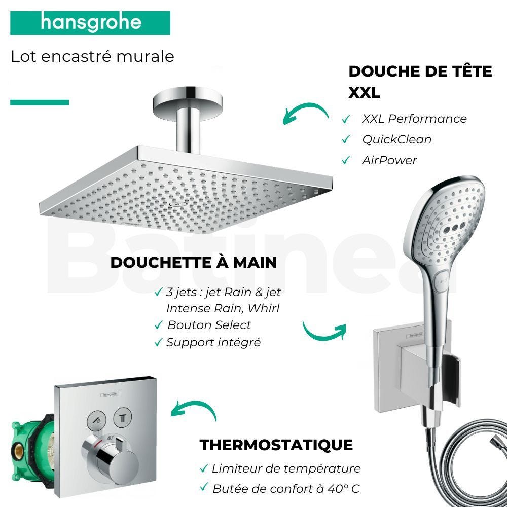 Lot robinet douche encastré thermostatique HANSGROHE ShowerSelect + Douche de tête Raindance E 300 fixation plafond 3