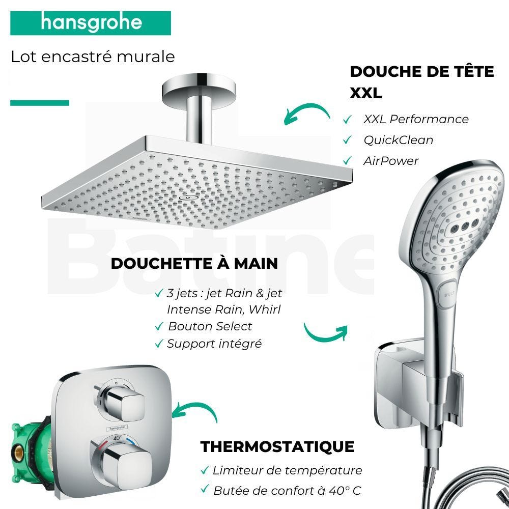 Lot robinet douche encastré thermostatique HANSGROHE Ecostat E + Douche de tête Raindance E 300 fixation plafond 2
