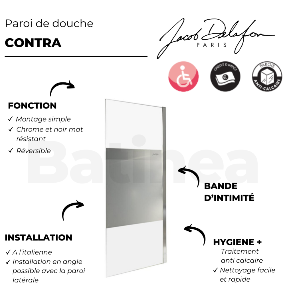 Paroi de douche fixe 200x90 JACOB DELAFON Contra avec bande d'intimité