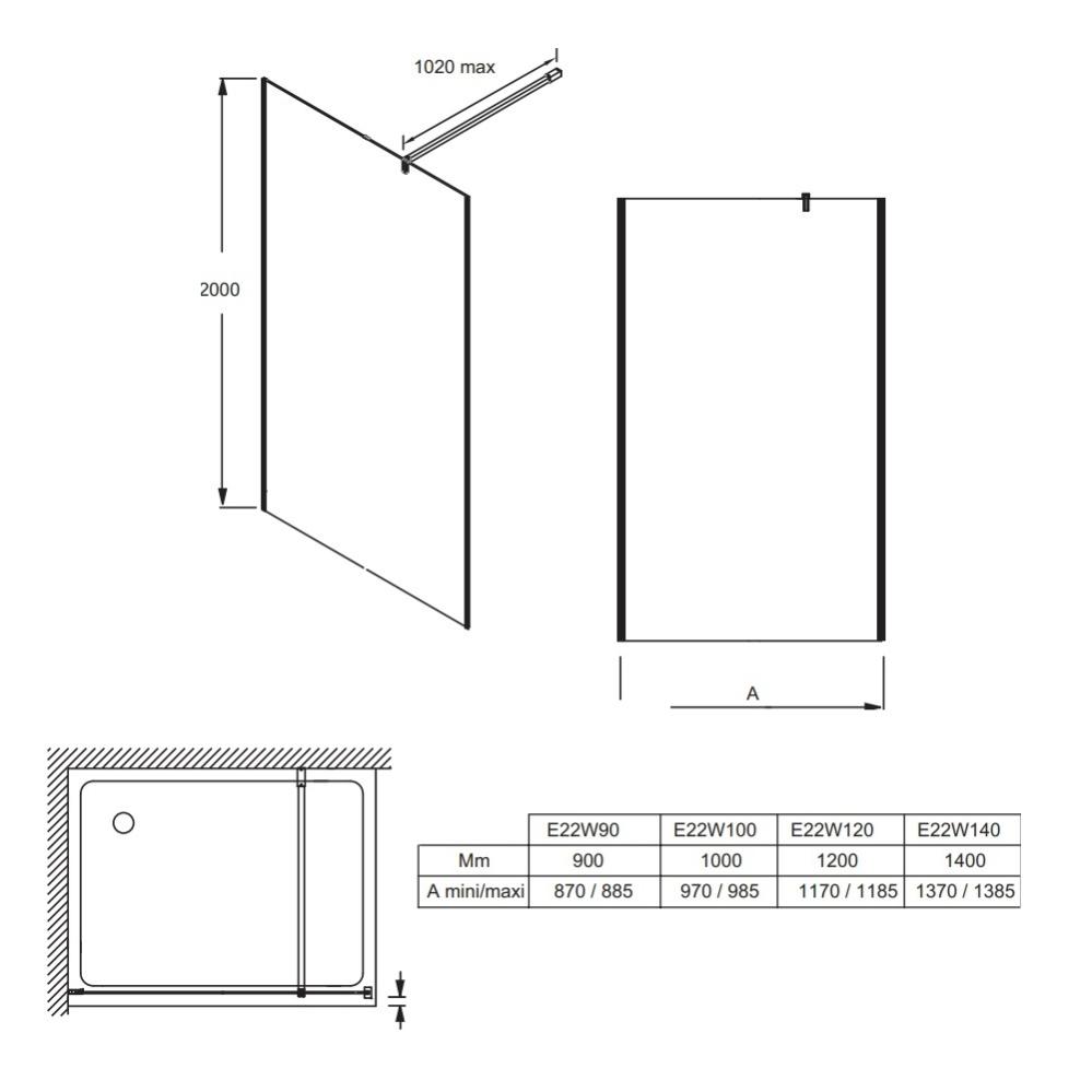 Paroi de douche fixe 200x140 JACOB DELAFON Contra avec bande d'intimité