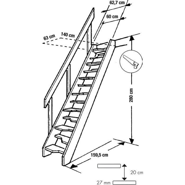HandyStairs Escalier de meunier "Torino" avec main courante - largeur 62 cm - hauteur 280 cm - 13 marches en pin 1