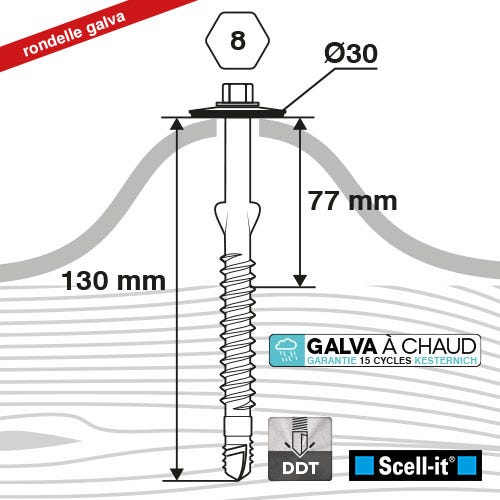 Kit 70 vis autoperceuses plaques sous-tuiles canal Ø6,5x130 SCELL-IT 2