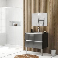 Meuble salle de bains 80cm Gris laqué à tiroirs, Vasque Verre Gris, Miroir et Led - NATURA MOOD