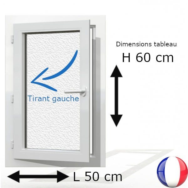 Fenêtre PVC 1 vantail H 60 x L 50 cm OF avec poignée verre brouillé tirant gauche 0