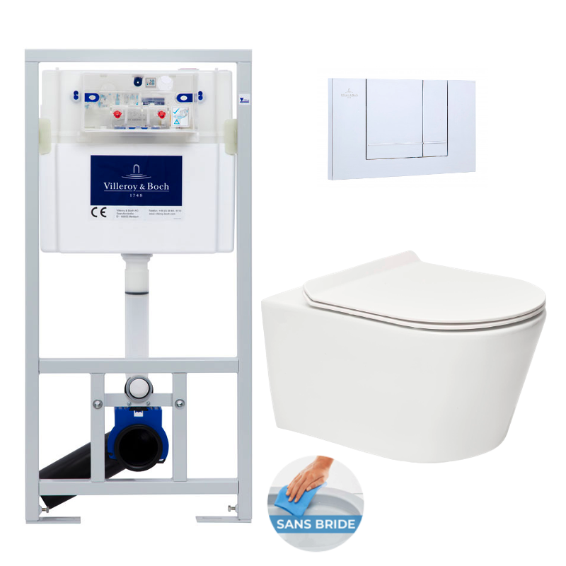 Villeroy & Boch Pack WC Bâti-support + WC SAT Brevis sans bride et fixations invisibles + Plaque chrome 0