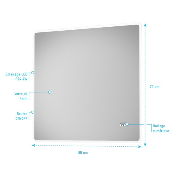 Miroir salle de bain LED rectangulaire auto-éclairant 80x70cm - Ulysse LED 80 3
