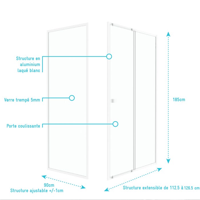 Pack porte de douche Coulissante blanc 120x185cm + retour 90 verre transparent 5mm - WHITY slide 120 3