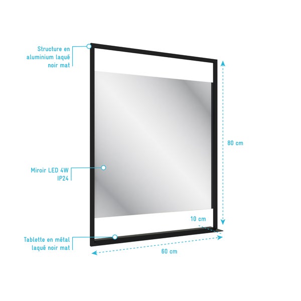 Miroir salle de bain LED auto-éclairant 60x80cm - laqué noir mat - FRAMED MIRROR LED 3