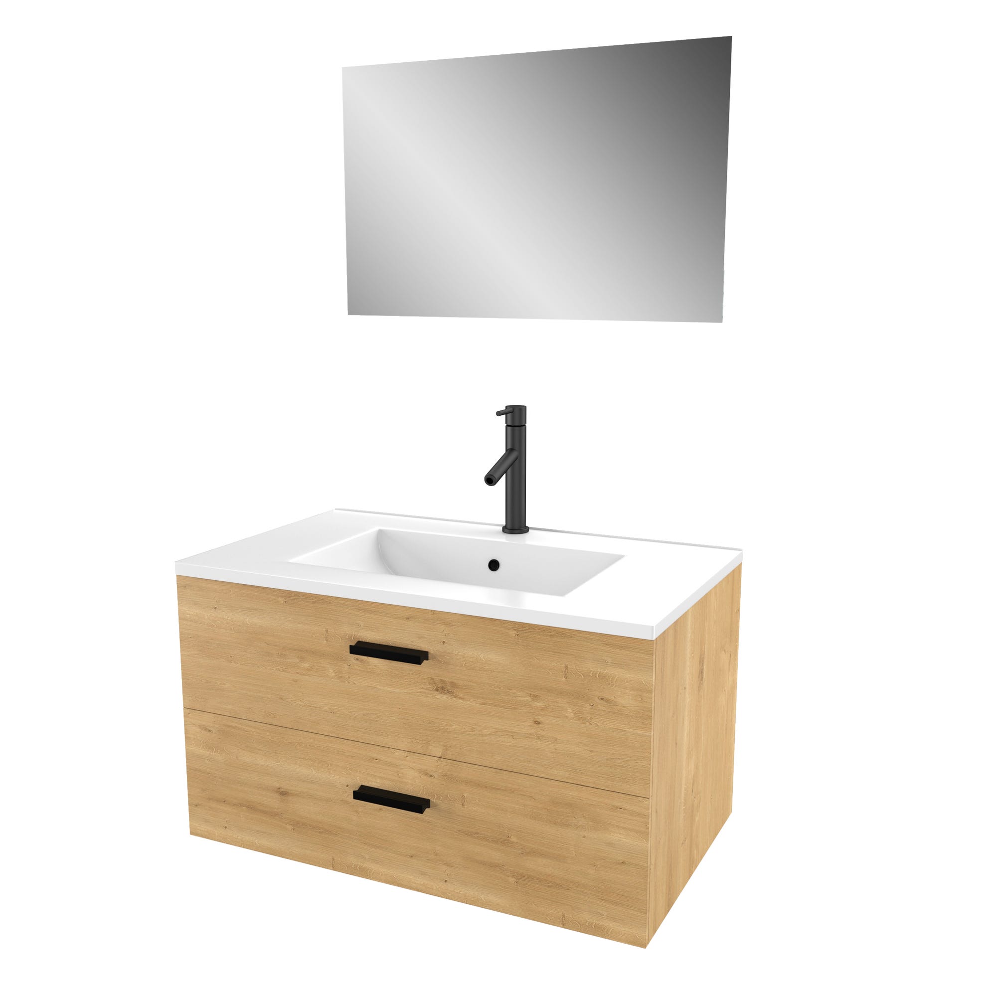 Meuble salle de bain 80 cm monte suspendu decor bois H46xL80xP45cm - avec tiroirs - vasque et miroir 2