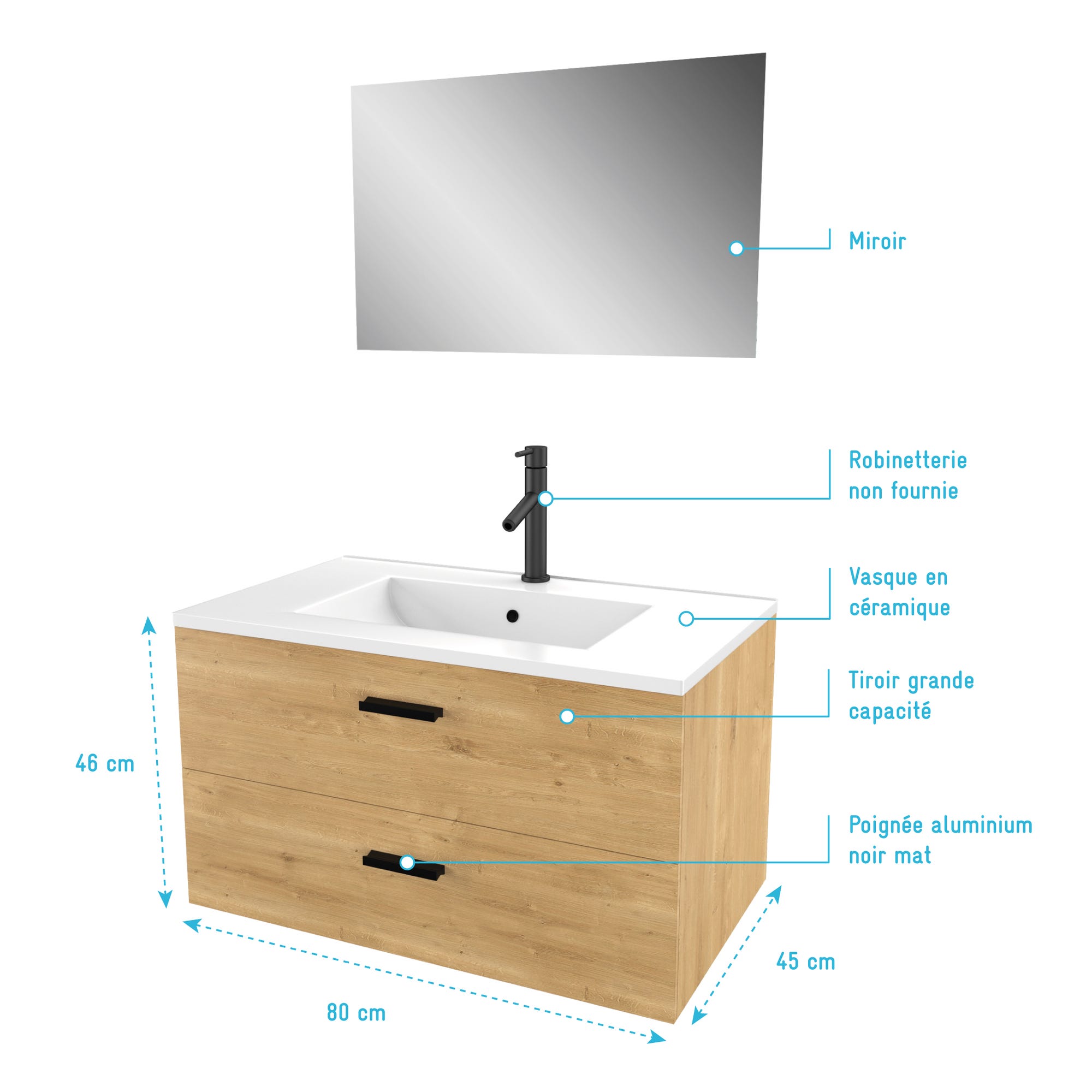 Meuble salle de bain 80 cm monte suspendu decor bois H46xL80xP45cm - avec tiroirs - vasque et miroir 3