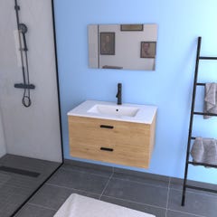 Meuble salle de bain 80 cm monte suspendu decor bois H46xL80xP45cm - avec tiroirs - vasque et miroir 0