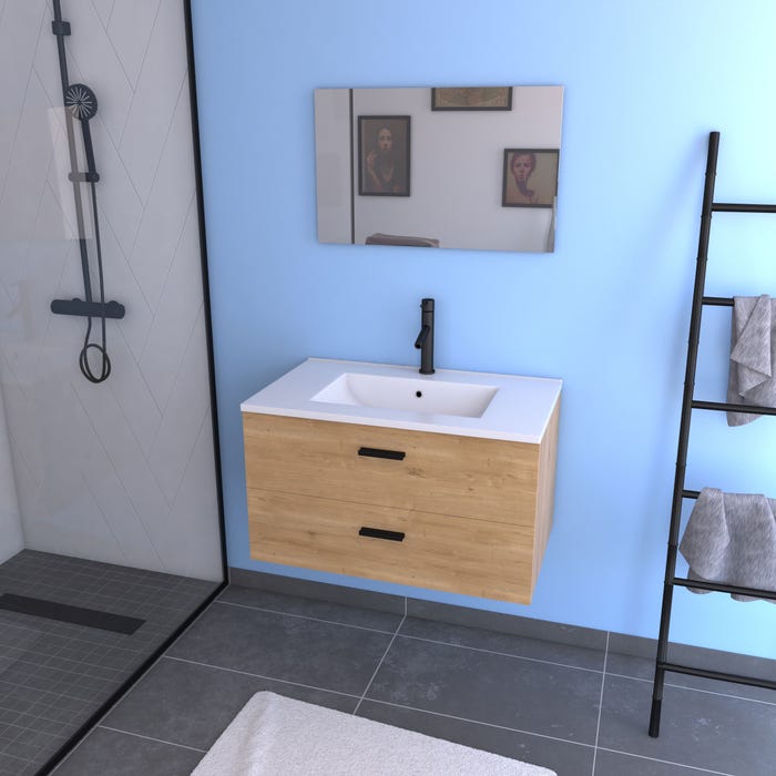 Meuble salle de bain 80 cm monte suspendu decor bois H46xL80xP45cm - avec tiroirs - vasque et miroir 0