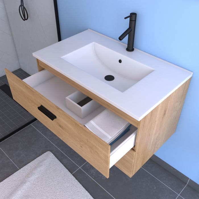 Meuble salle de bain 80 cm monte suspendu decor bois H46xL80xP45cm - avec tiroirs - vasque et miroir 1