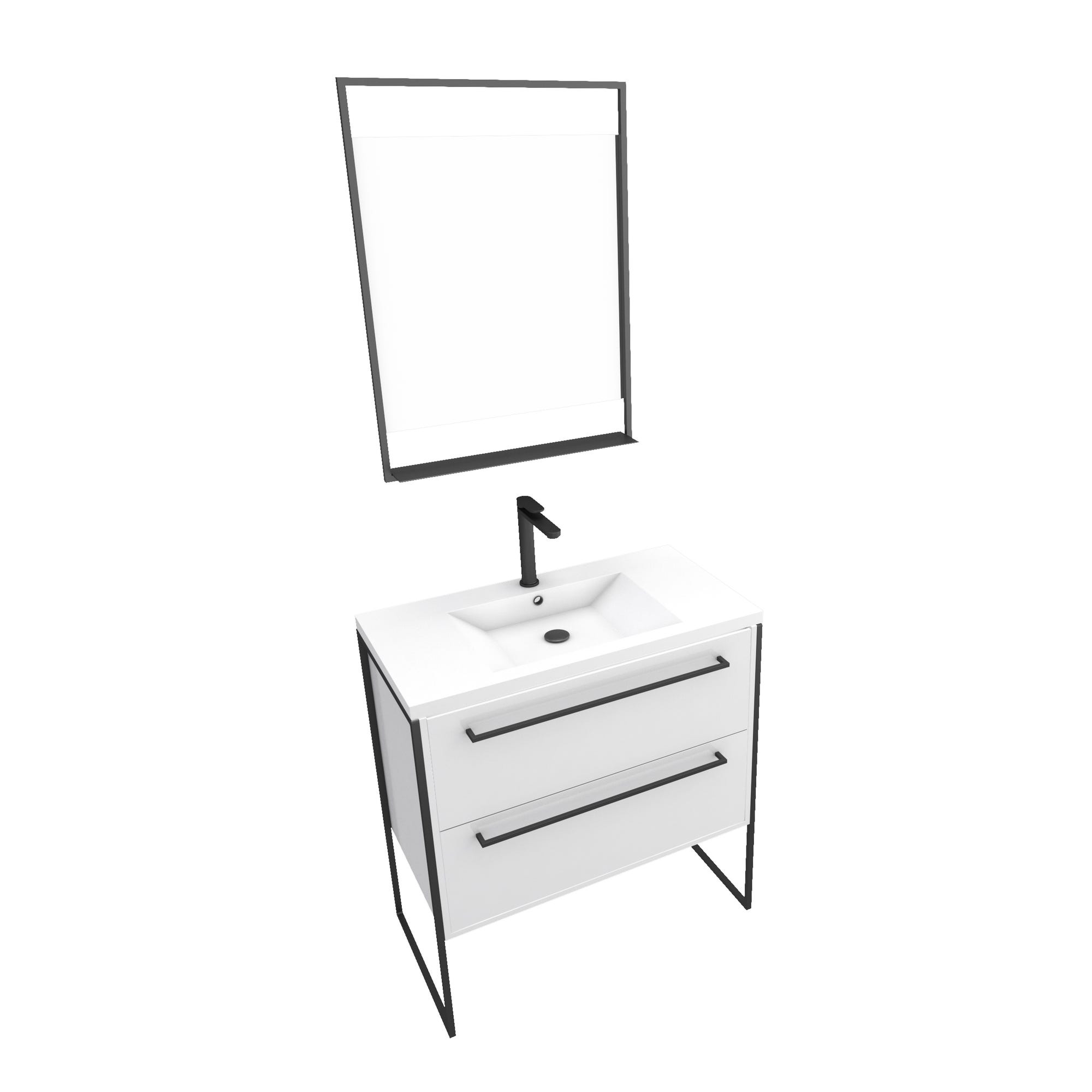 Pack meuble de salle de bain 80x50cm Blanc - 2 tiroirs - vasque blanche et miroir noir mat 2