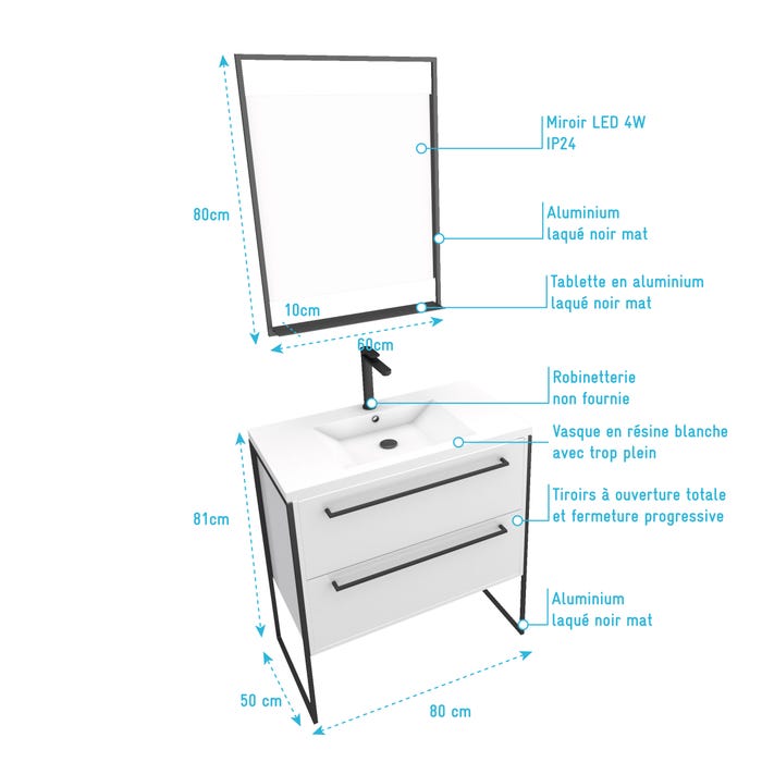 Pack meuble de salle de bain 80x50cm Blanc - 2 tiroirs - vasque blanche et miroir noir mat 3