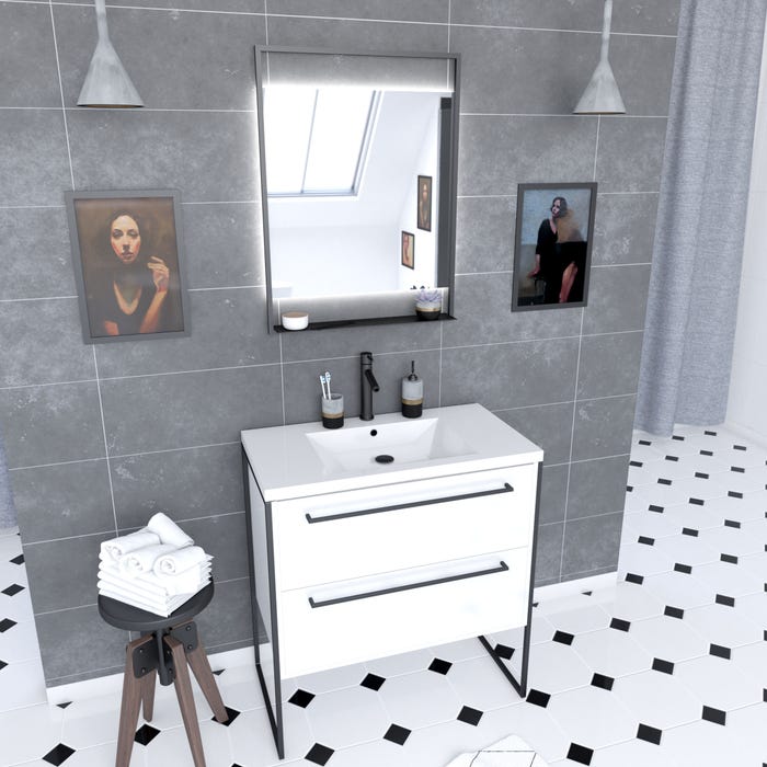Pack meuble de salle de bain 80x50cm Blanc - 2 tiroirs - vasque blanche et miroir noir mat 0