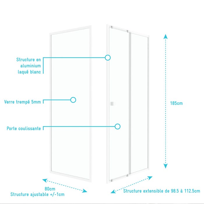 Pack porte de douche Coulissante blanc 100x185cm + retour 80 verre transparent 5mm - WHITY slide 100 3