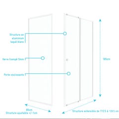 Pack porte de douche Coulissante blanc 120x185cm + retour 80 verre transparent 5mm - WHITY slide 120 3
