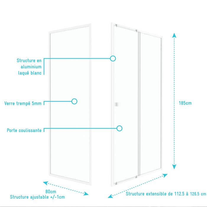 Pack porte de douche Coulissante blanc 120x185cm + retour 80 verre transparent 5mm - WHITY slide 120 3