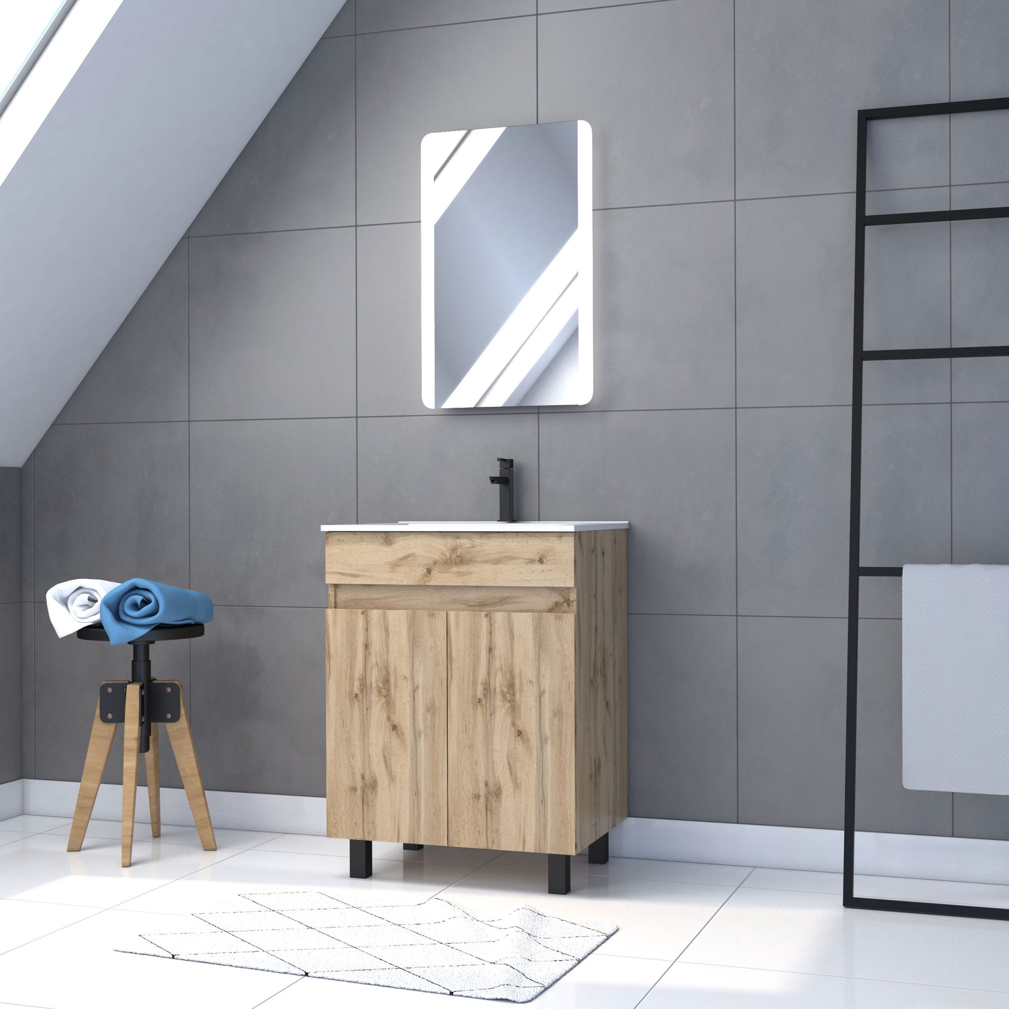 Meuble salle de bain 60x80 - Finition chene naturel - vasque blanche + miroir Led - TIMBER 60 0