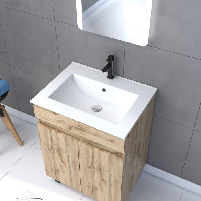 Meuble salle de bain 60x80 - Finition chene naturel - vasque blanche + miroir Led - TIMBER 60 1