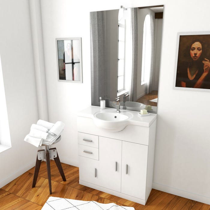 Meuble salle de bain blanc 80 cm sur pied + vasque ceramique blanche + miroir led 0