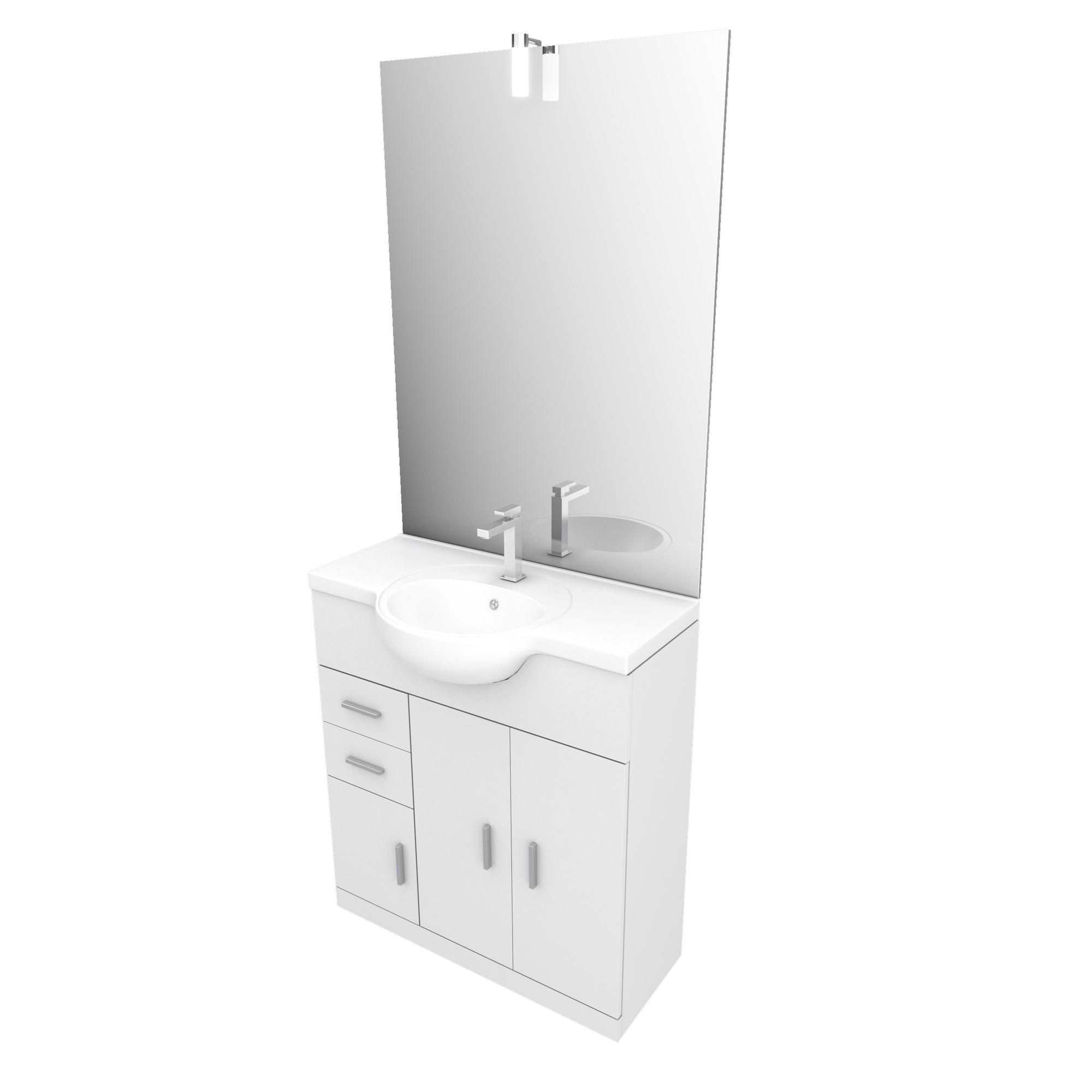 Meuble salle de bain blanc 80 cm sur pied + vasque ceramique blanche + miroir led 2