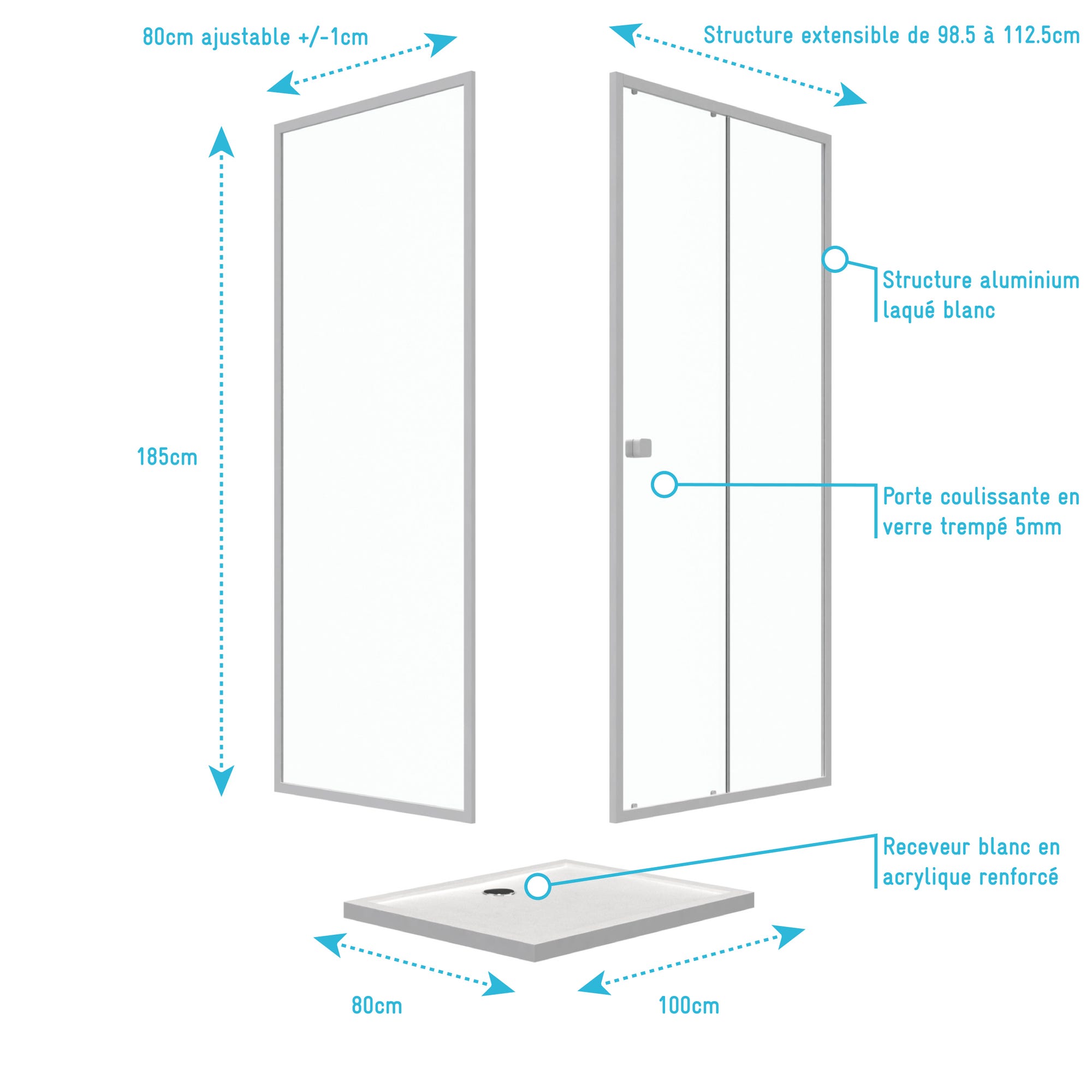 Pack porte de douche Coulissante blanc 100X185 cm + paroi de retour 80cm + receveur à poser - WHITY 3