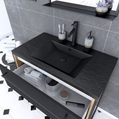 Meuble de salle de bain 80x50cm chene brun - 2 tiroirs noir mat - vasque resine noire effet pierre 1