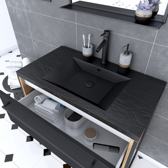 Meuble de salle de bain 80x50cm chene brun - 2 tiroirs noir mat - vasque resine noire effet pierre 1