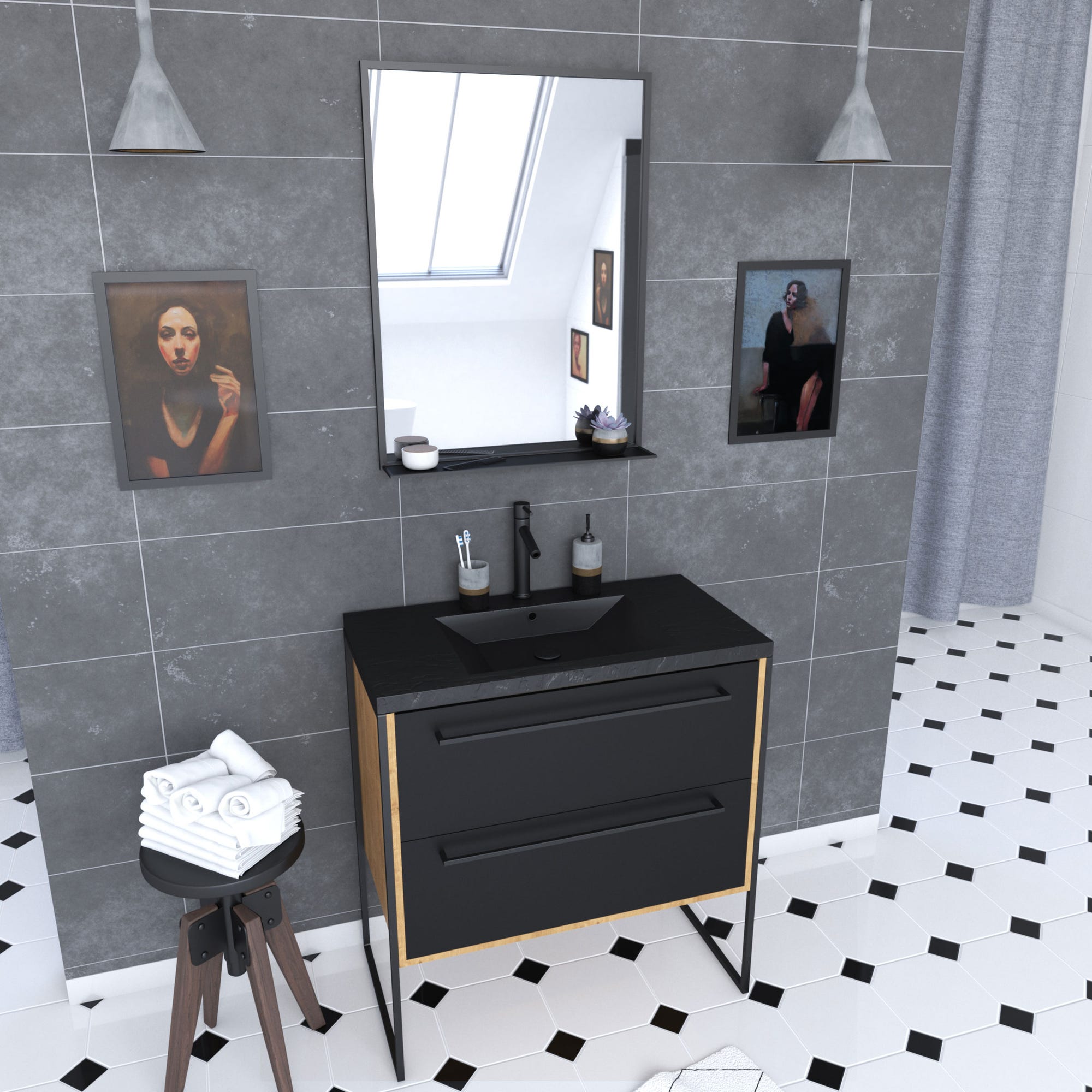 Meuble de salle de bain 80x50cm chene brun - 2 tiroirs noir mat - vasque resine noire effet pierre 0