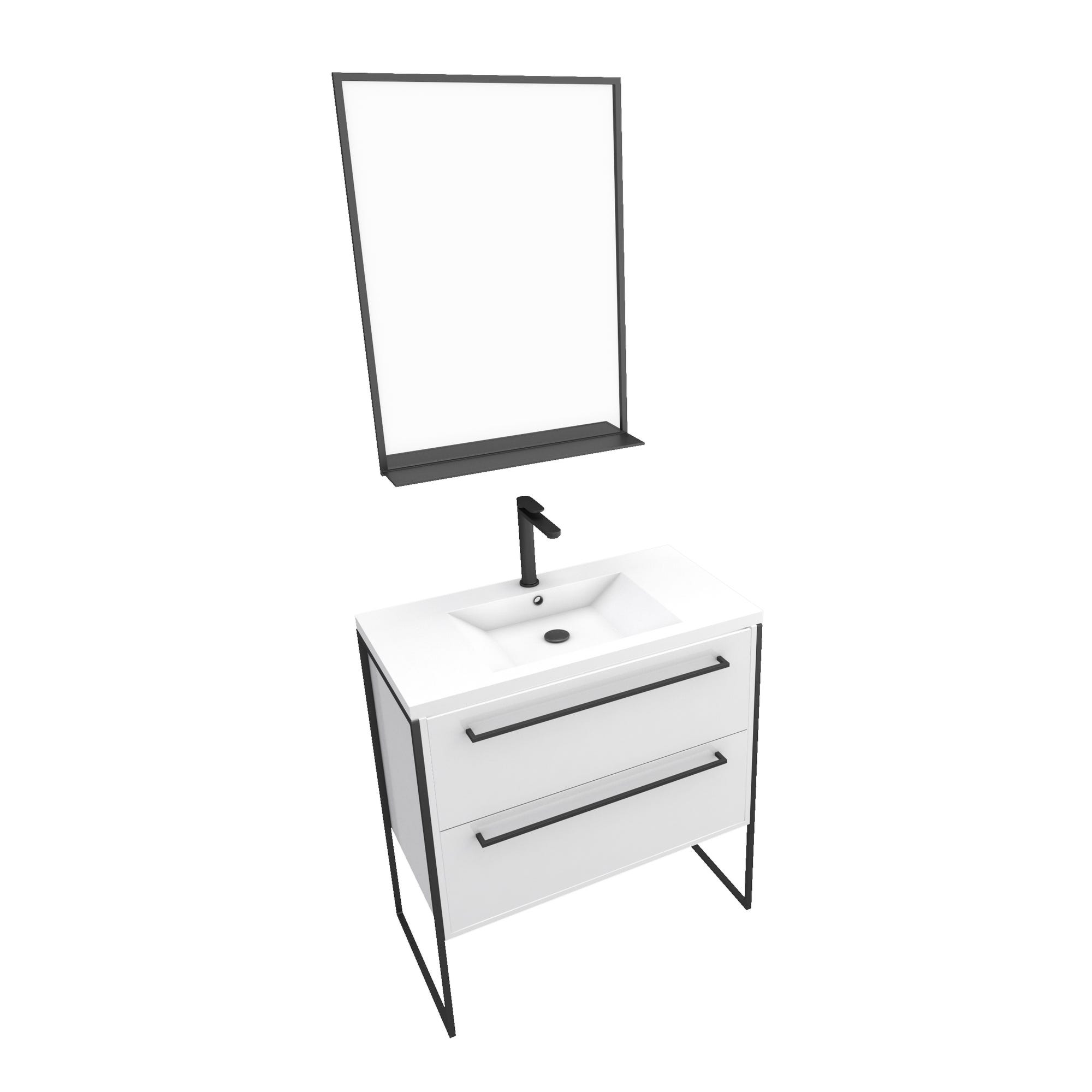 Pack meuble de salle de bain 80x50cm Blanc - 2 tiroirs blanc - vasque blanche + miroir noir mat 2