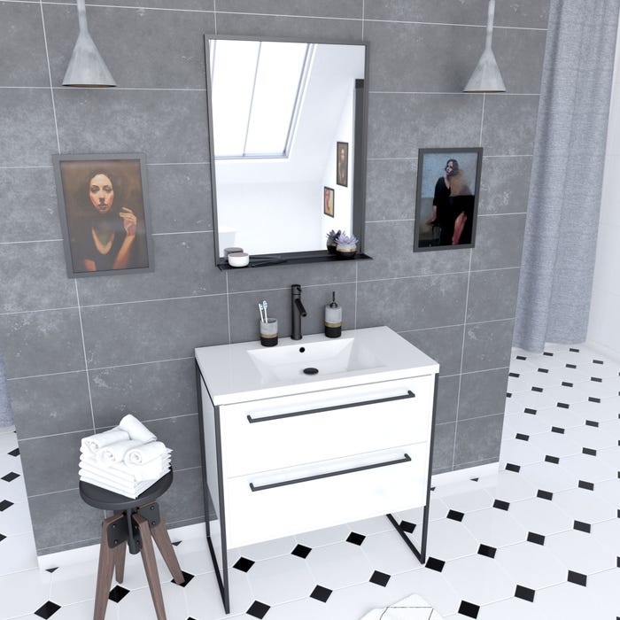 Pack meuble de salle de bain 80x50cm Blanc - 2 tiroirs blanc - vasque blanche + miroir noir mat 0