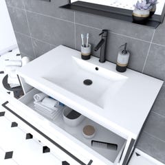 Pack meuble de salle de bain 80x50cm Blanc - 2 tiroirs blanc - vasque blanche + miroir noir mat 1