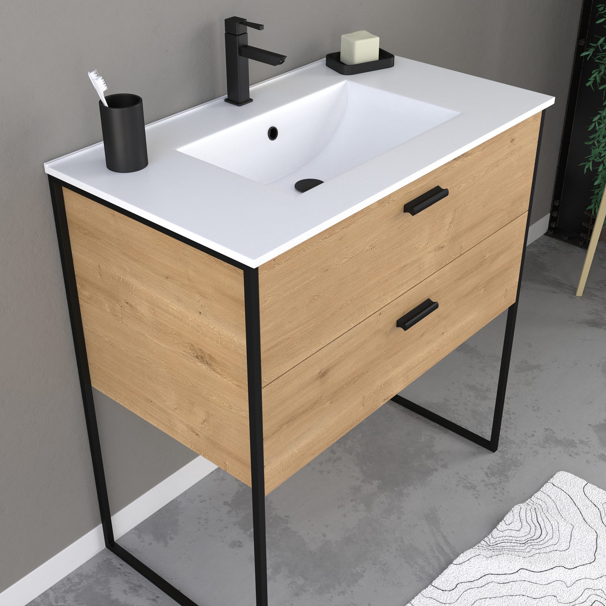 Ensemble meuble de salle de bain 80x45cm style industriel couleur chene naturel - vasque blanche 1