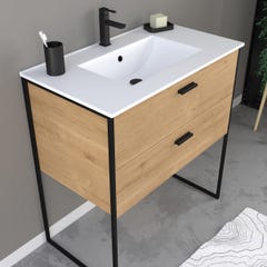 Ensemble meuble de salle de bain 80x45cm style industriel couleur chene naturel - vasque blanche 1