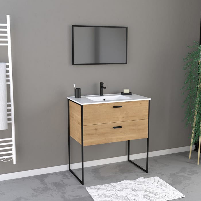 Ensemble meuble de salle de bain 80x45cm style industriel couleur chene naturel - vasque blanche 0