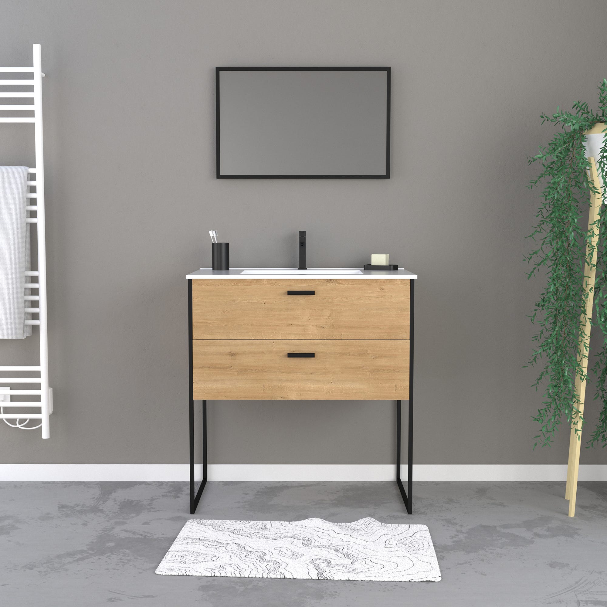 Ensemble meuble de salle de bain 80x45cm style industriel couleur chene naturel - vasque blanche 4