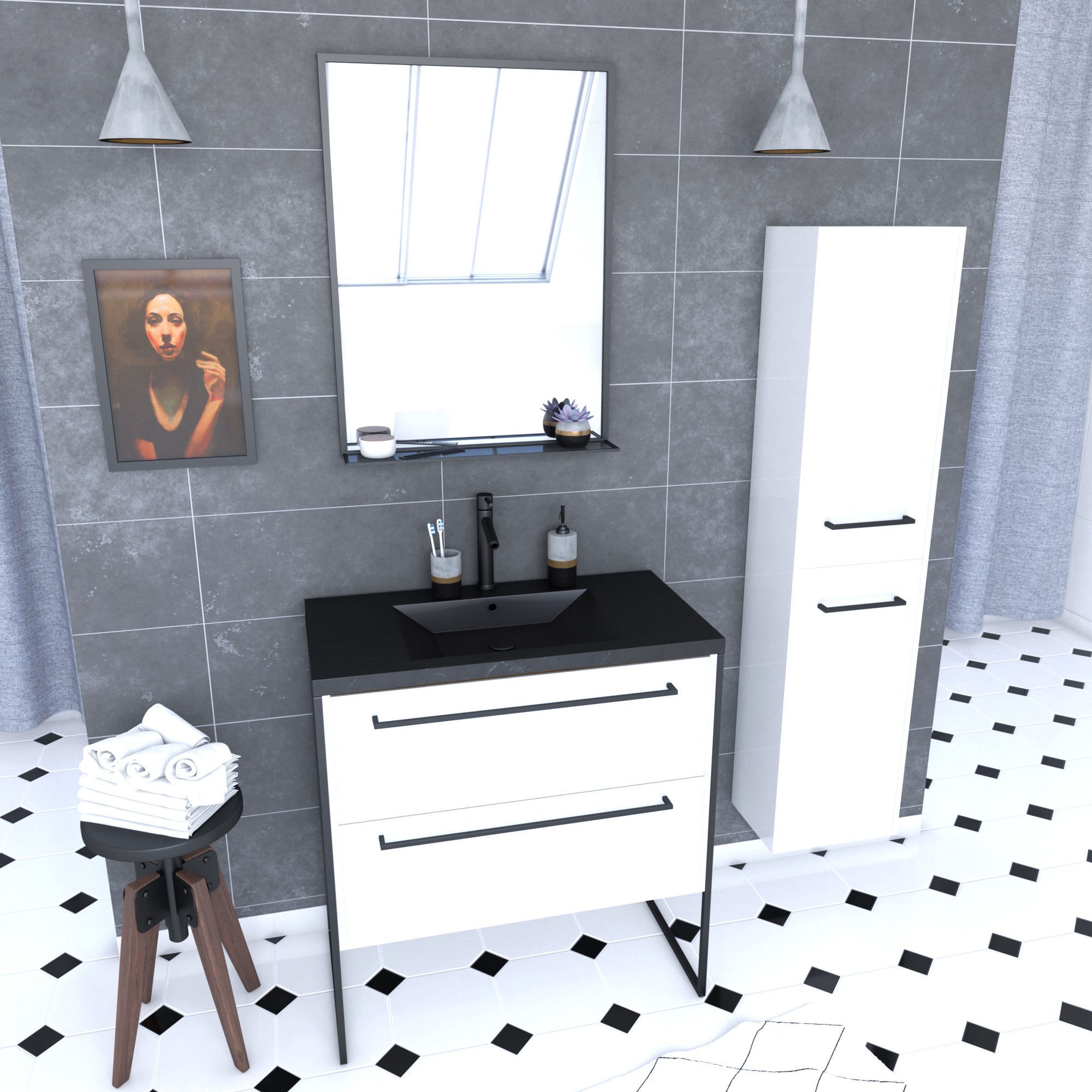 Meuble de salle de bain 80x50 cm - 2 tiroirs blanc - vasque resine noir effet pierre + colonne 0