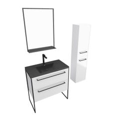 Meuble de salle de bain 80x50 cm - 2 tiroirs blanc - vasque resine noir effet pierre + colonne 2