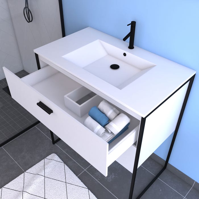 Ensemble meuble de salle de bain - Blanc avec pieds style industriel - 2 tiroirs - vasque blanche 1