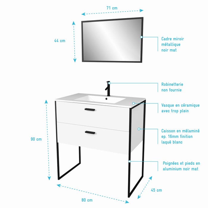 Ensemble meuble de salle de bain - Blanc avec pieds style industriel - 2 tiroirs - vasque blanche 3