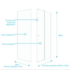 Pack porte de douche Coulissante blanc 100x185cm + retour 90 verre transparent 5mm - WHITY slide 100 3
