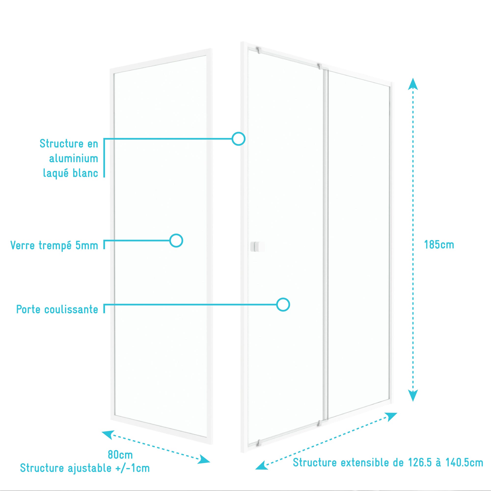 Pack porte de douche Coulissante blanc 140x185cm + retour 80 verre transparent 5mm - WHITY slide 3
