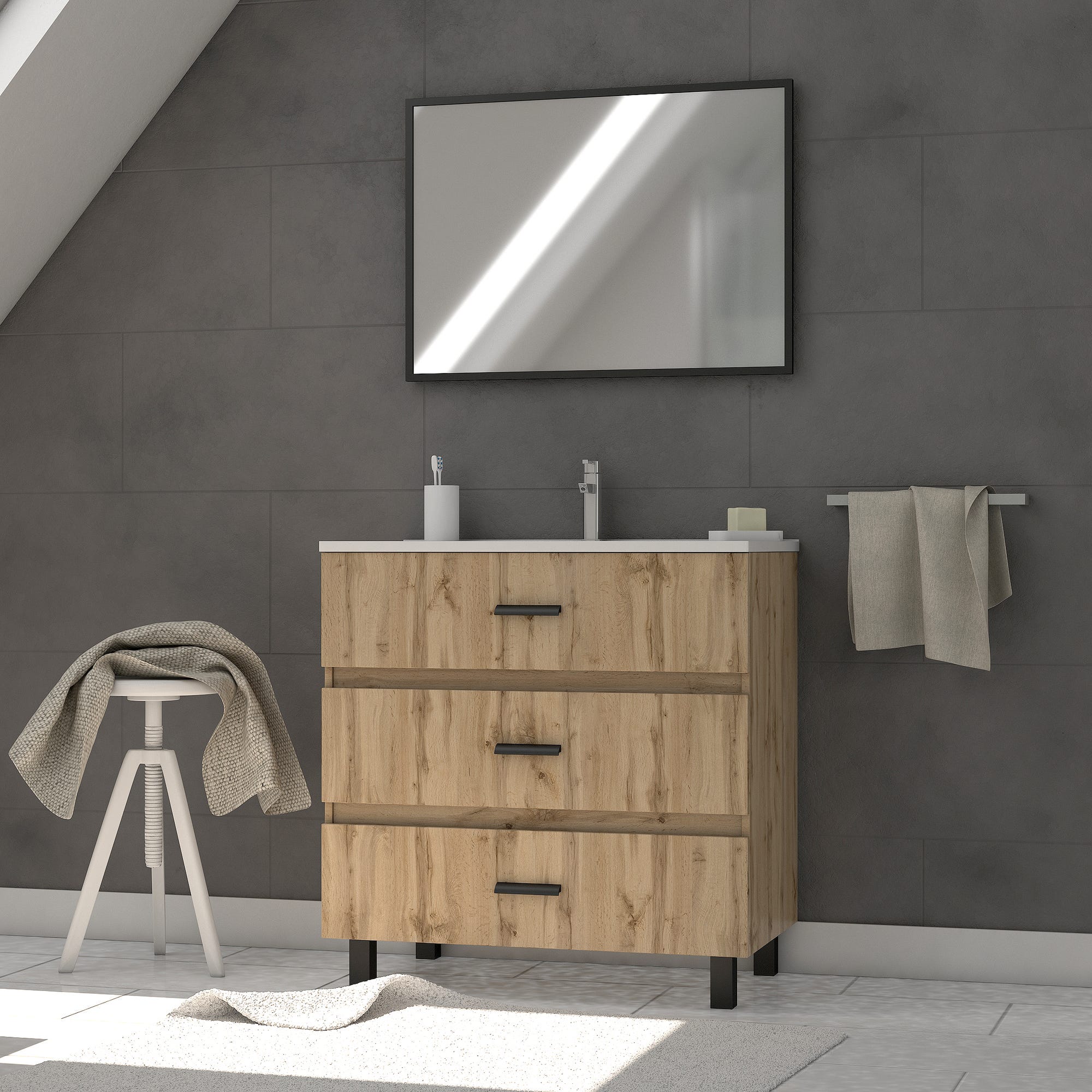 Ensemble meuble de salle de bain - Chene industriel - tiroirs -pieds en aluminium noir mat - miroir 0