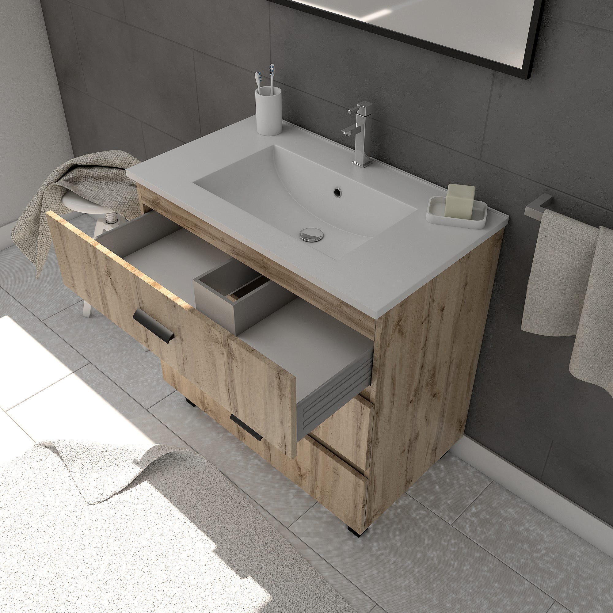 Ensemble meuble de salle de bain - Chene industriel - tiroirs -pieds en aluminium noir mat - miroir 1