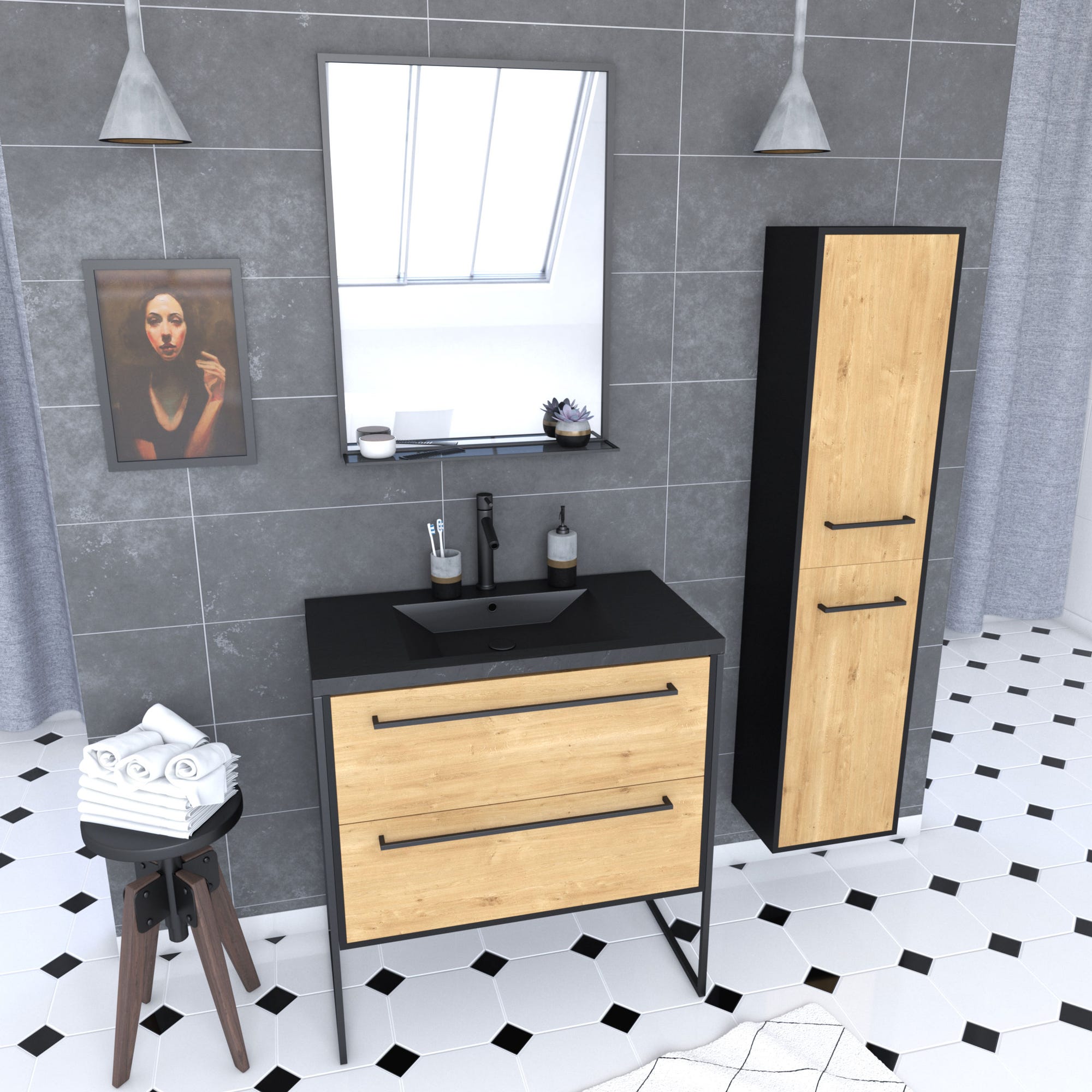 Ensemble Meuble de salle de bain blanc 80cm + vasque noir effet pierre + miroir + colonne rangement 0
