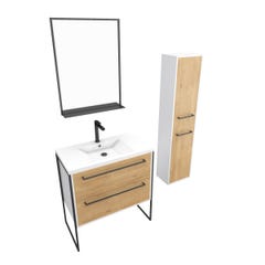 Pack meuble de salle de bain 80x50 cm - 2 tiroirs - vasque blanche + miroir noir mat + colonne 2